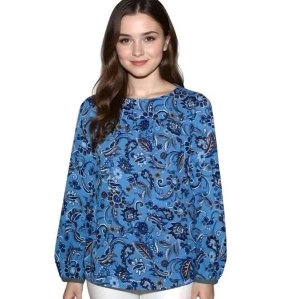 J Jill Blue Floral Paisley Blouse Sz Small Long Sleeve Keyhole Top #785